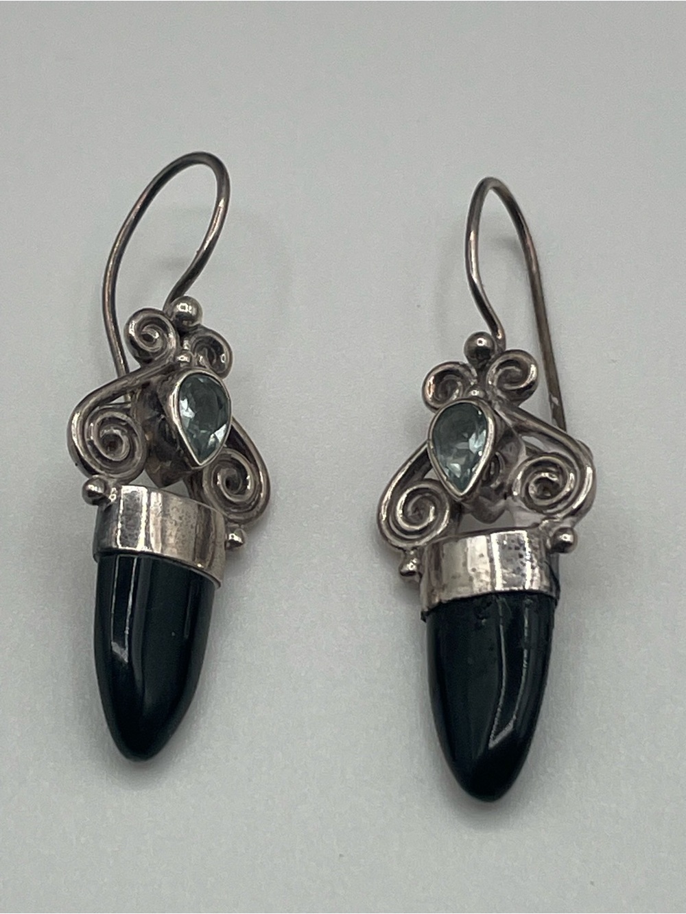 Black Onyx Drop Earrings with Teardrop Aquamarine Accent Marked 925 Sajen